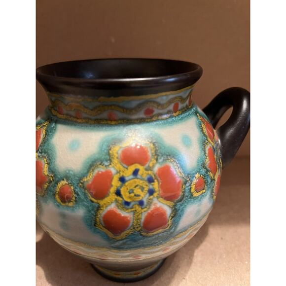 Gouda Holland Art Pottery Borne Orange Blue Ceramic Double Handle Pot 1848 - Picture 2 of 9